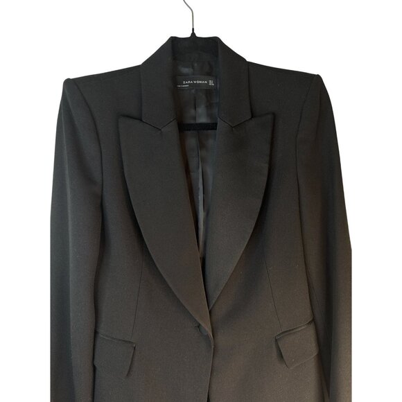 ZARA Small Jet Black Tuxedo Style Blazer Wool Blend Tailored Jacket One Button - Picture 7 of 15